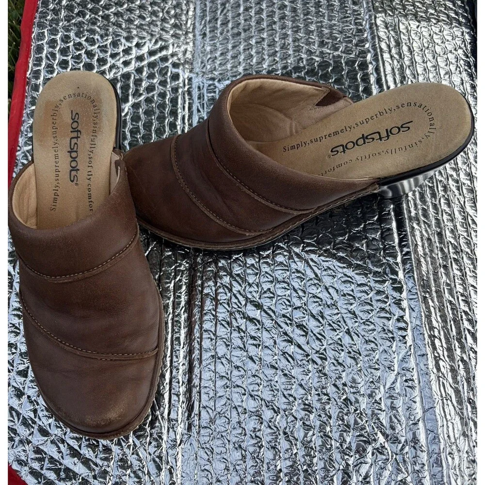 Softspots Women’s Brown Leather Slip-On Mule Wedge Heel Round Toe, Stitching